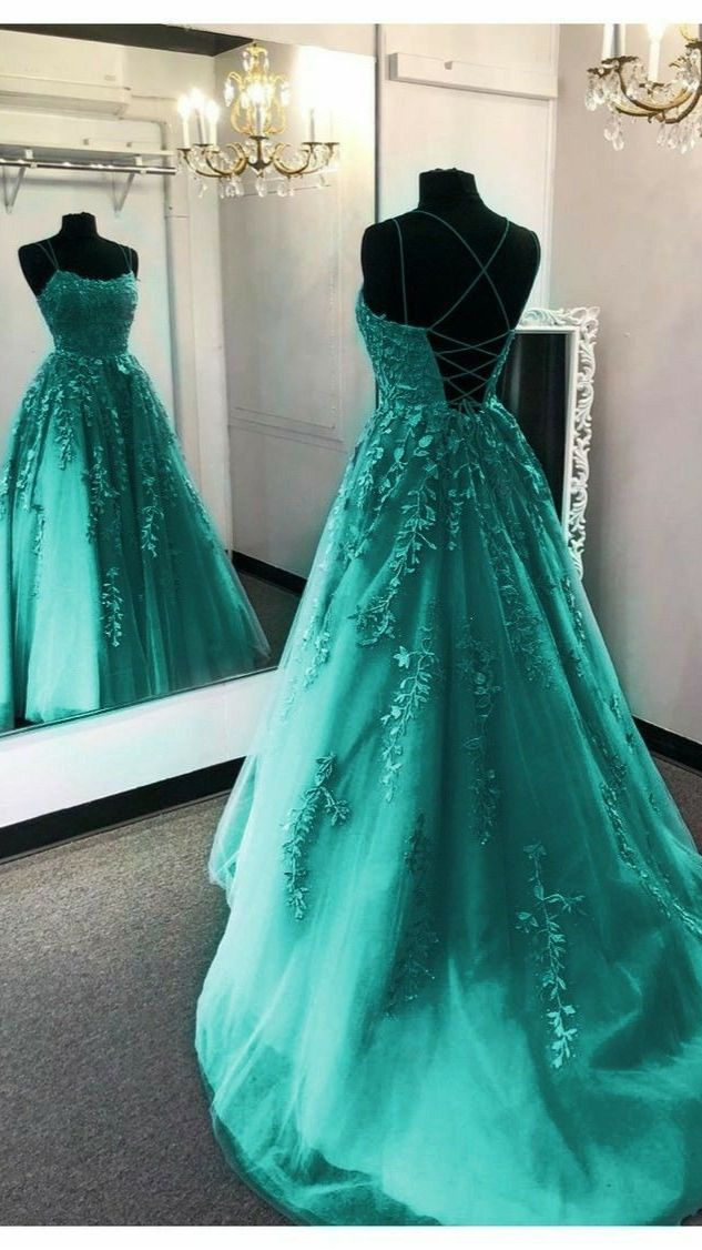 Simple A-Line Spaghetti Straps Lace Green Backless Long Prom Dress
