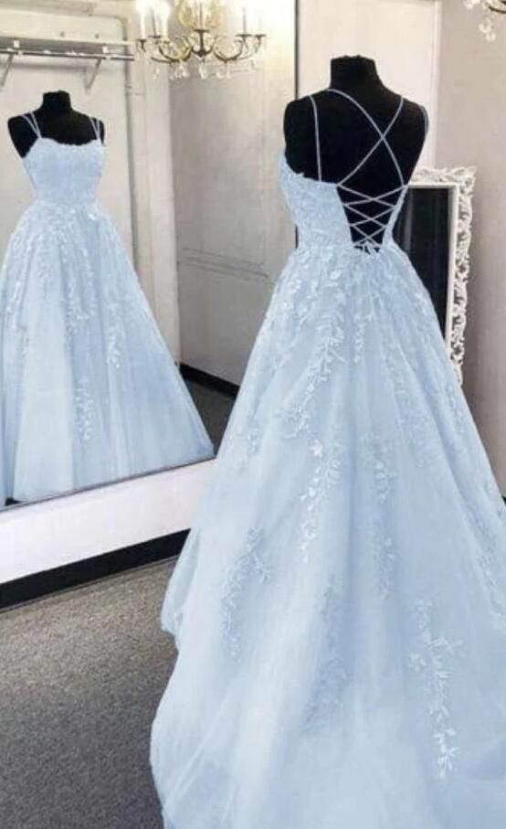 Simple A-Line Spaghetti Straps Lace Light Sky Blue Backless Long Prom Dress