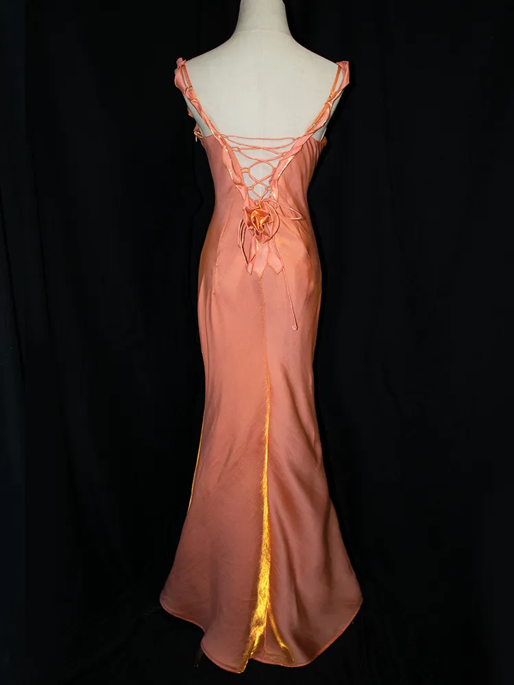 Charming Peach Pink Floral V-Neck Evening Gown Vintage Mermaid Prom Dress