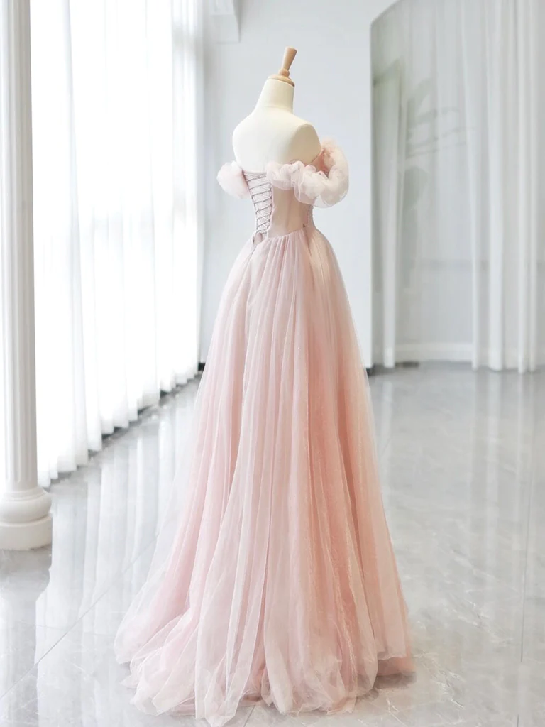A-Line Off Shoulder Tulle Beads Pink Long Prom Dress