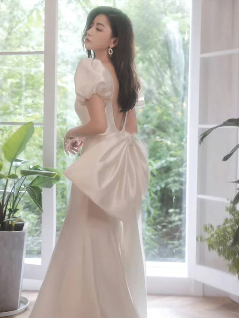 Simple Puff Sleeves Satin Mermaid White Long Prom Dress