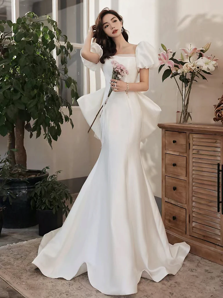 Simple Puff Sleeves Satin Mermaid White Long Prom Dress