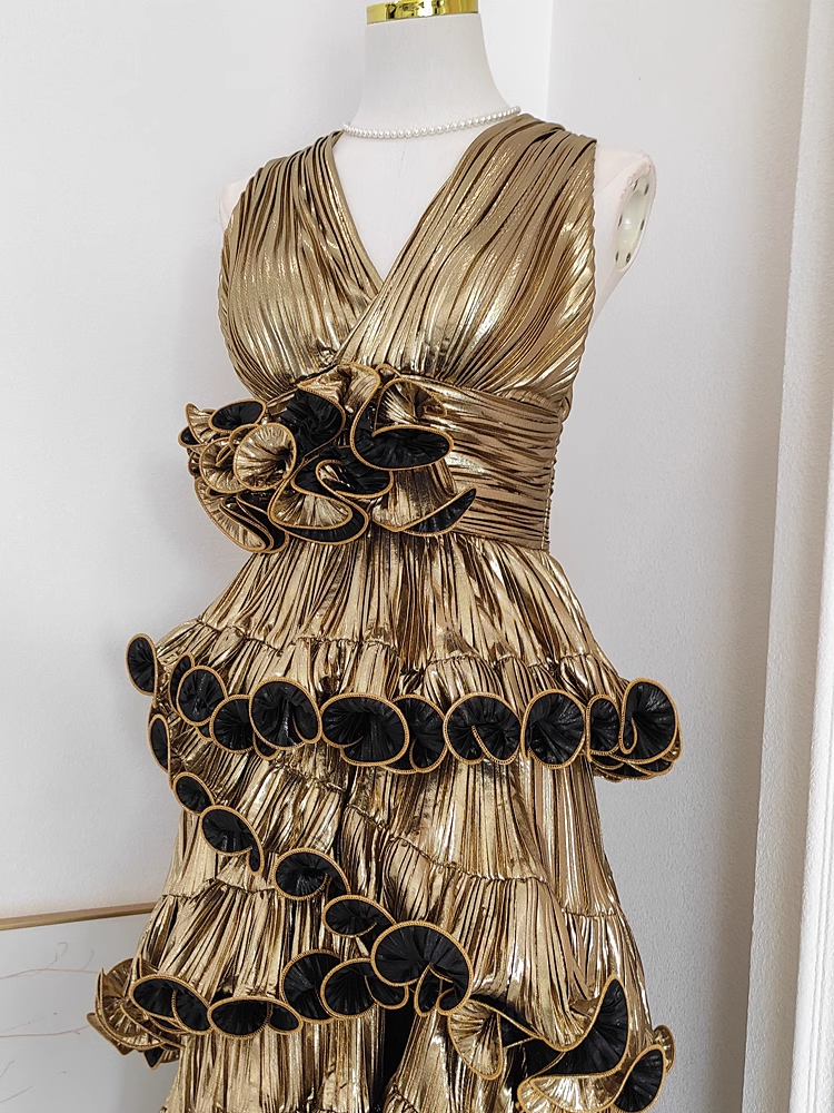 Chic Sheath V Neckline Gold Ruffles Long Prom Dresses Birthday Outfits