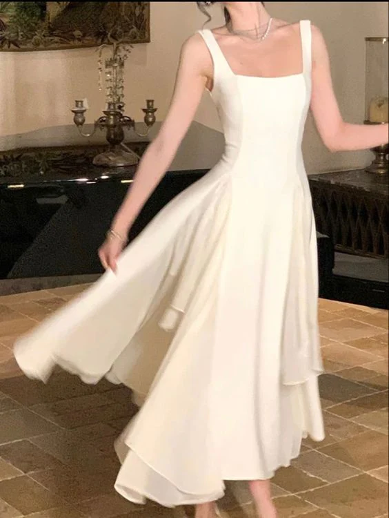 Modest A line Straps White Long Prom Dress