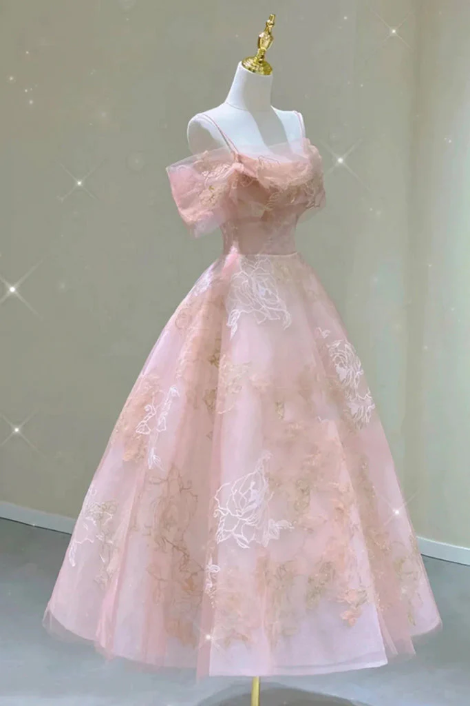Modest A line Straps Pink Lace Ankle Length Prom Dress