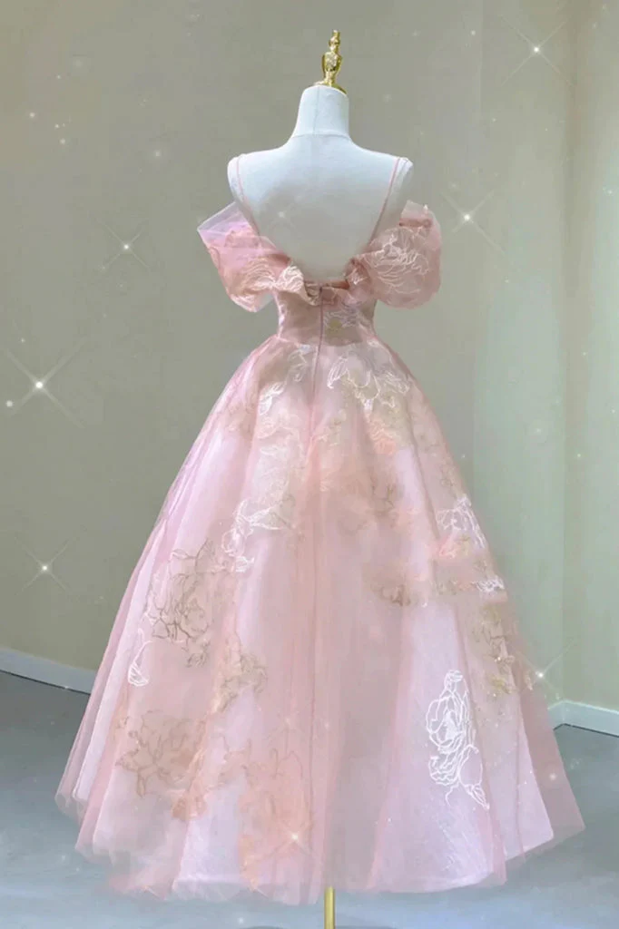 Modest A line Straps Pink Lace Ankle Length Prom Dress