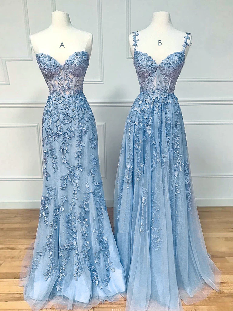 Sexy Sleeveless Light Sky Blue Lace Long Prom Dress