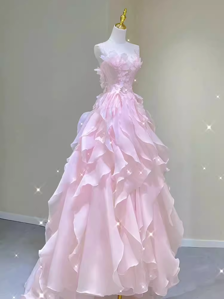 Fairy A Line Sleeveless Pink Long Floral Prom Dress