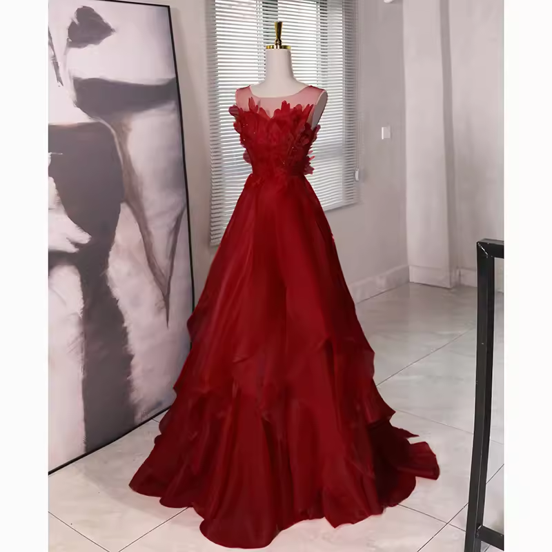 Fairy A Line Sleeveless Burgundy Long Floral Prom Dress