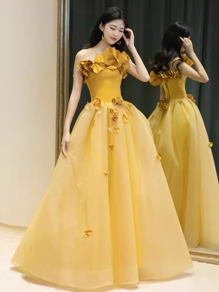 Fairy Ball Gown Sleeveless Yellow Long Floral Prom Dress
