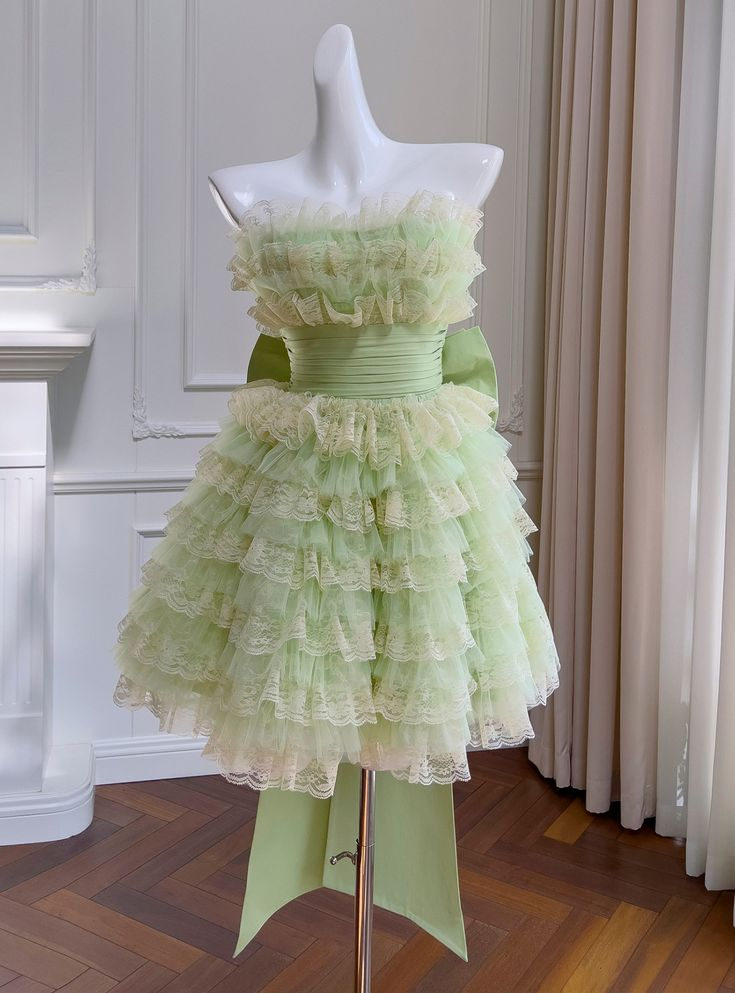 Light Green Tulle Lace Tiered Short Homecoming Dress Birthday Outfits