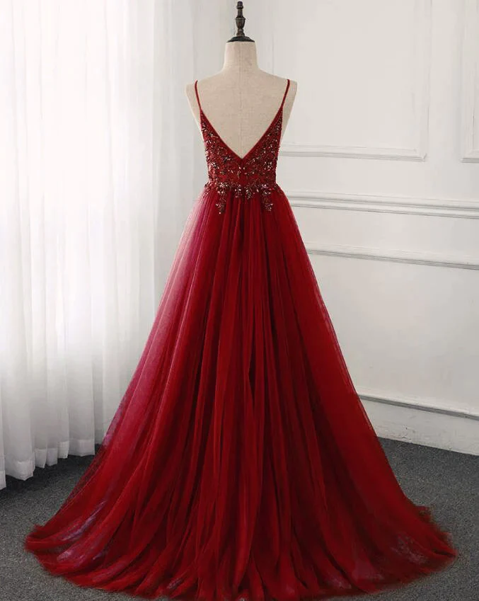 Sparkly A Line Burgundy Tulle Long Prom Dress