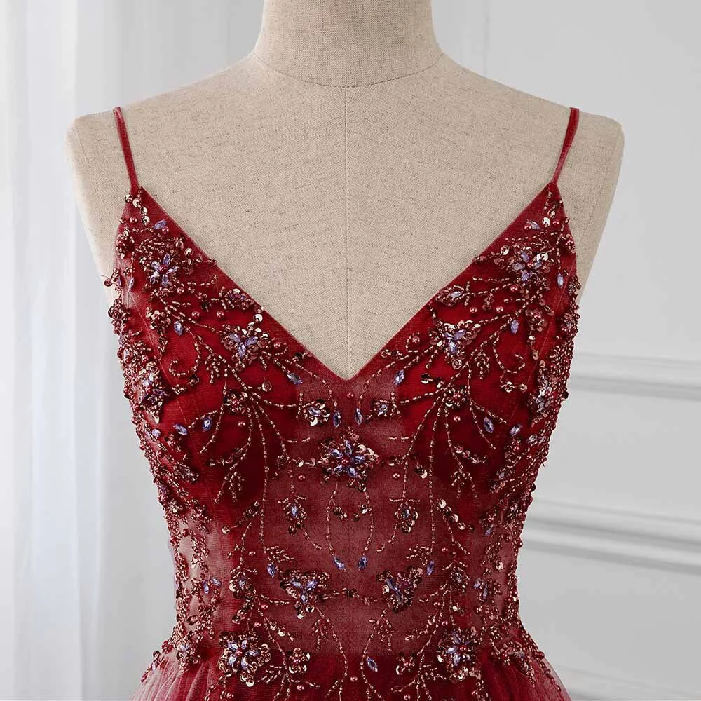 Sparkly A Line Burgundy Tulle Long Prom Dress