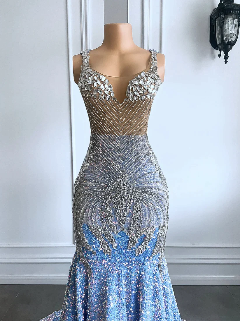 Sexy Mermaid Straps Beads Sequin Long Prom Dress