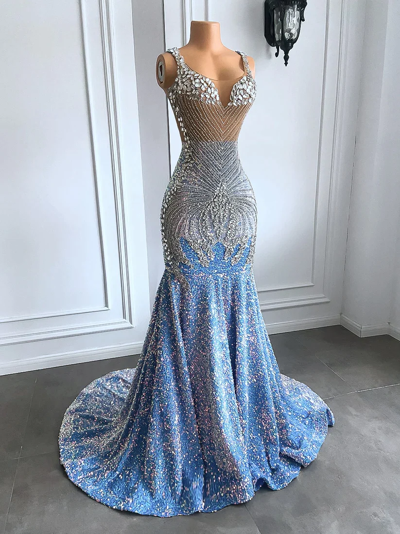 Sexy Mermaid Straps Beads Sequin Long Prom Dress