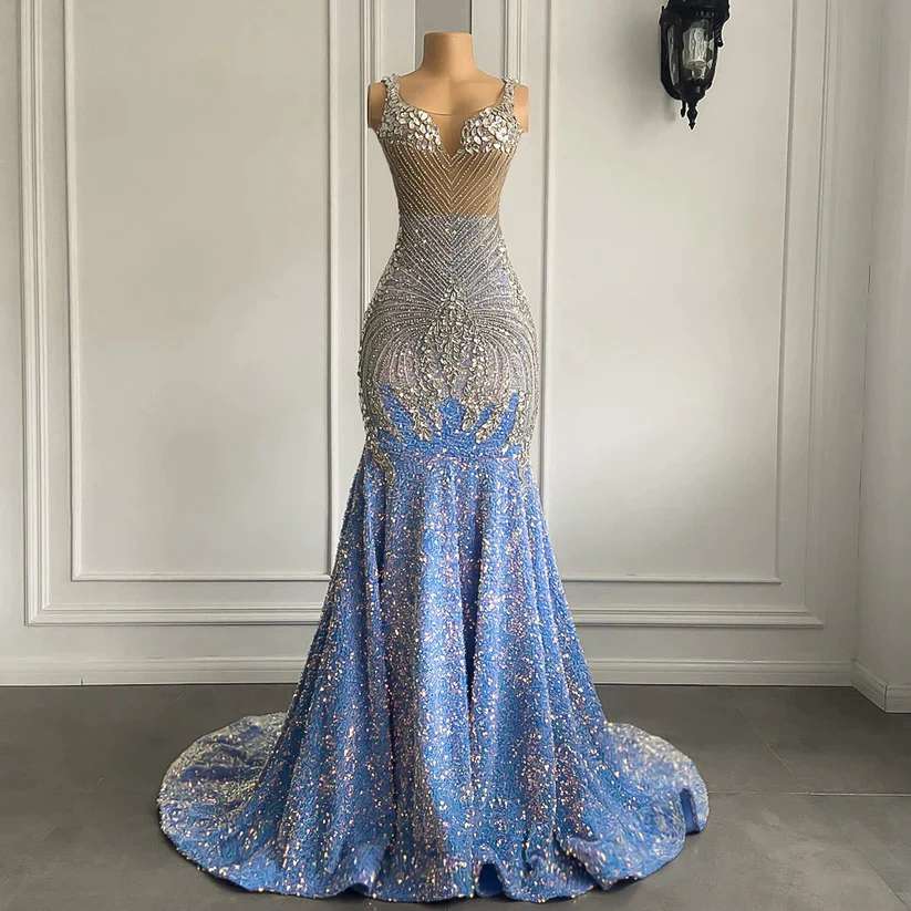 Sexy Mermaid Straps Beads Sequin Long Prom Dress