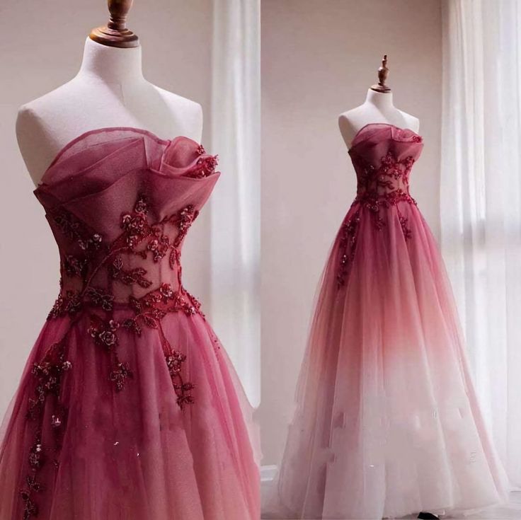 Vintage A line Long Strapless Ombre Red Long Prom Dress