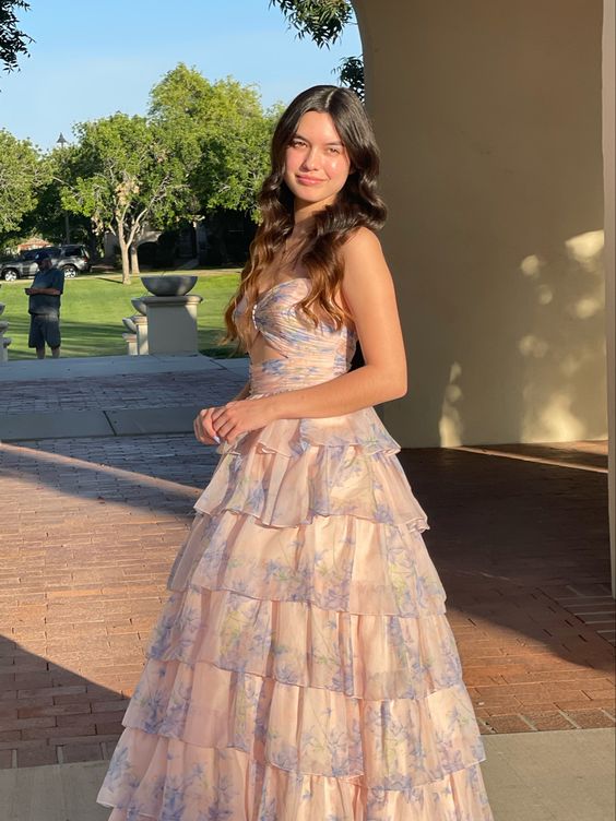 Charming Ball Gown Long Strapless Ruffles Floral Long Prom Dress