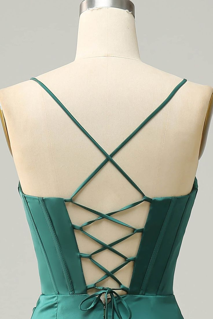 Pretty Mermaid Spaghetti Straps High Slit Prom Dress Dark Green Party Evening Gown