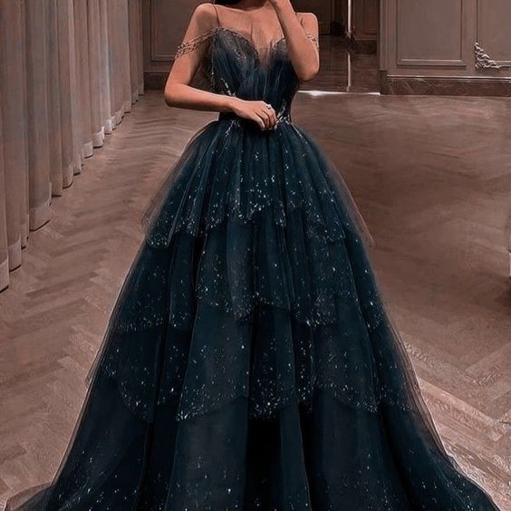 Elegant Ball Gown Straps Long Tulle Blue Prom Dress