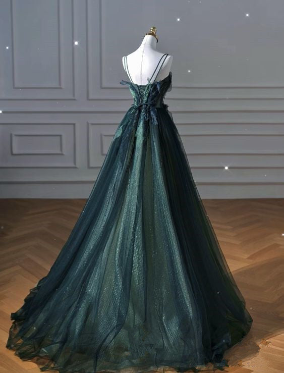 Elegant A line Dark Green Tulle Long Prom Dress