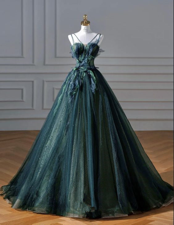 Elegant A line Dark Green Tulle Long Prom Dress