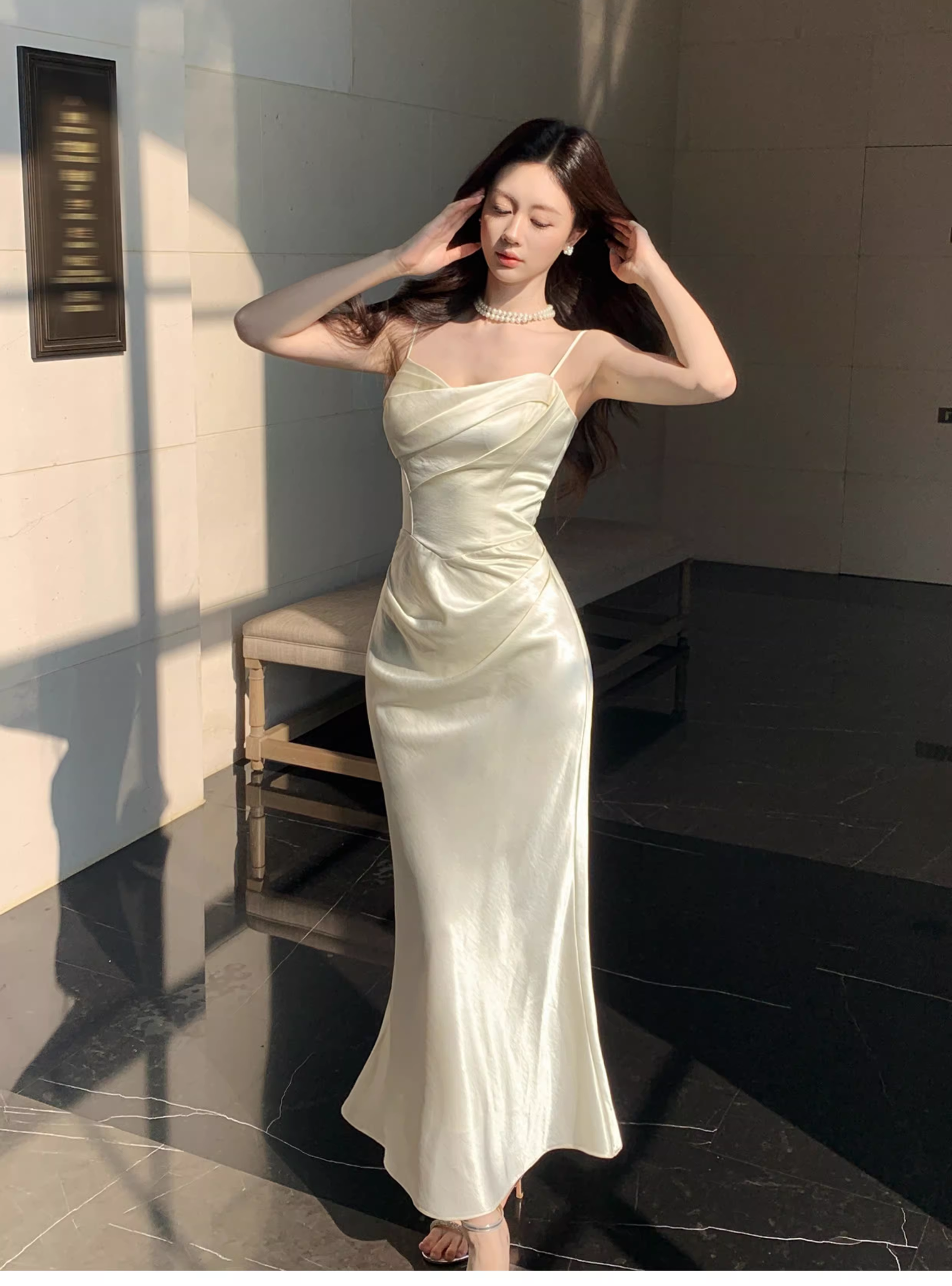 Classy Spaghetti Straps White Satin Pleated Mermaid Long Evening Dress Formal Wedding Guest Dress