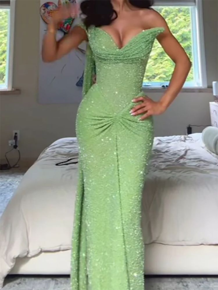 Glitter Mint Green Sequin One Shoulder Mermaid Prom Dress Side Slit Long Party Dress