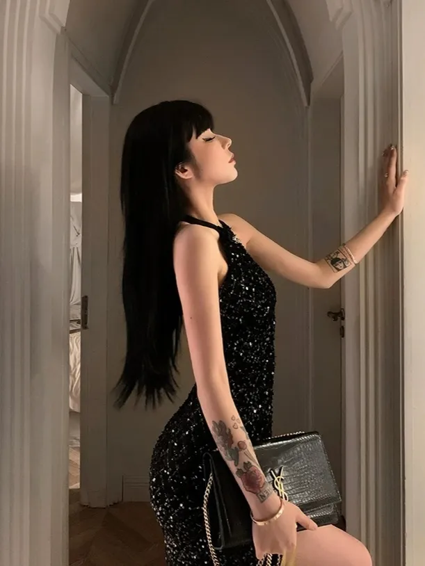 Charming Mermaid Halter Black Sequin Long Slit Prom Dress