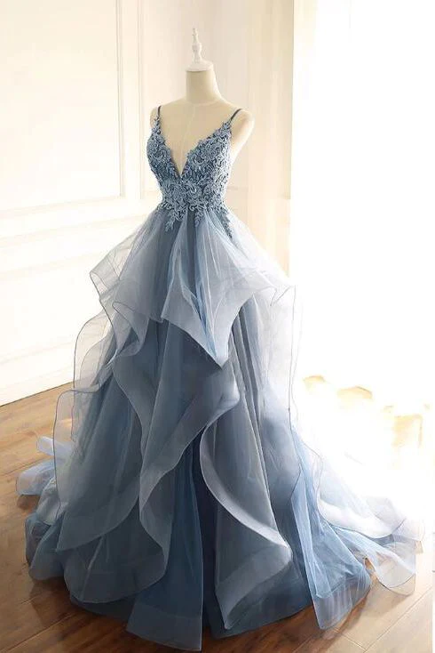 Charming Ball Gown Straps Dusty Blue Lace Long Prom Dress