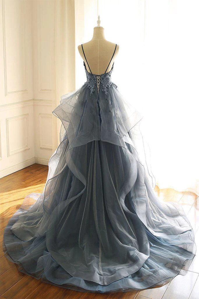 Charming Ball Gown Straps Dusty Blue Lace Long Prom Dress