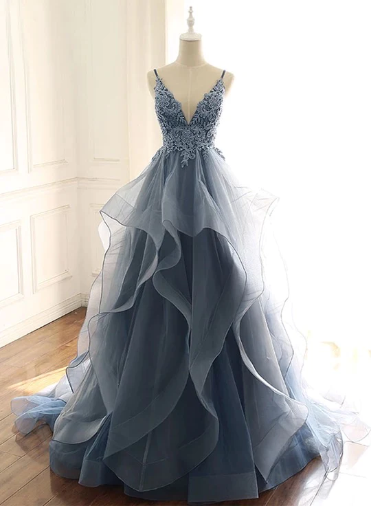Charming Ball Gown Straps Dusty Blue Lace Long Prom Dress