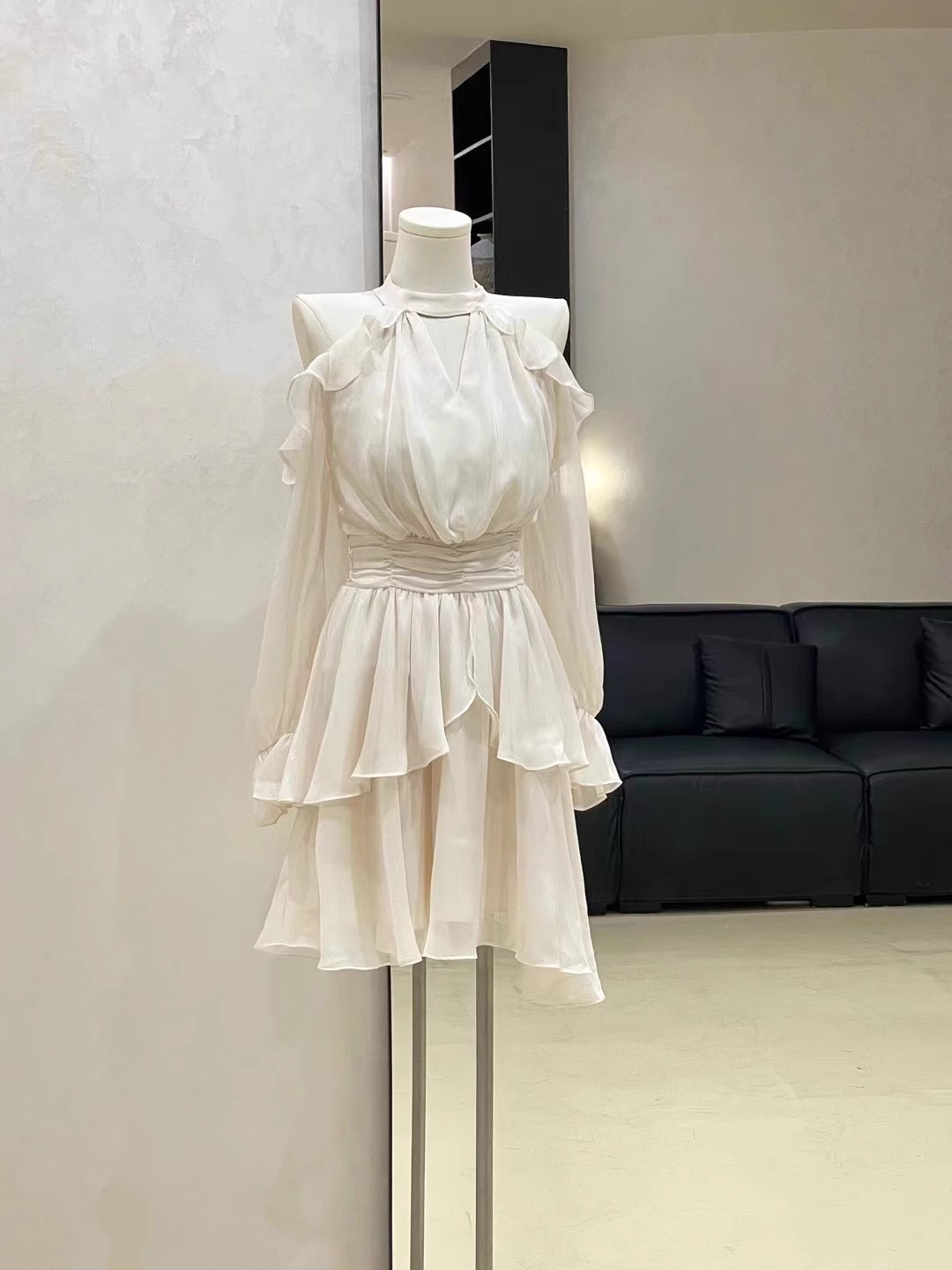 Cute A line High Neckline Ruffled Cake Dress Short Women's Long Sleeve Women Dresses