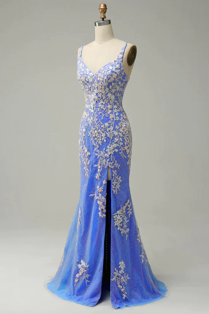 Charming Mermaid Straps Tulle Blue Lace Slit Long Prom Dress