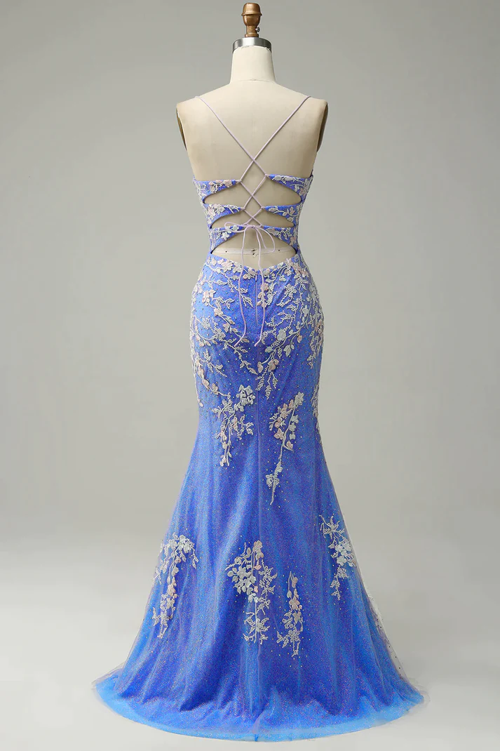 Charming Mermaid Straps Tulle Blue Lace Slit Long Prom Dress