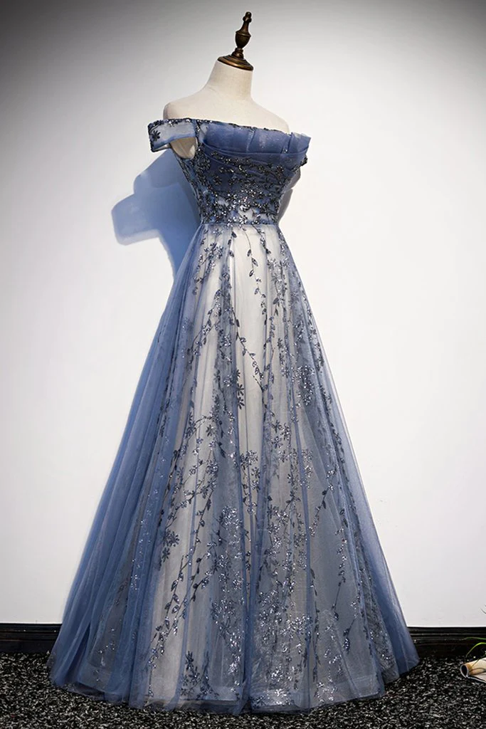 Charming A Line Off The Shoulder Blue Sequin Long Prom Dress