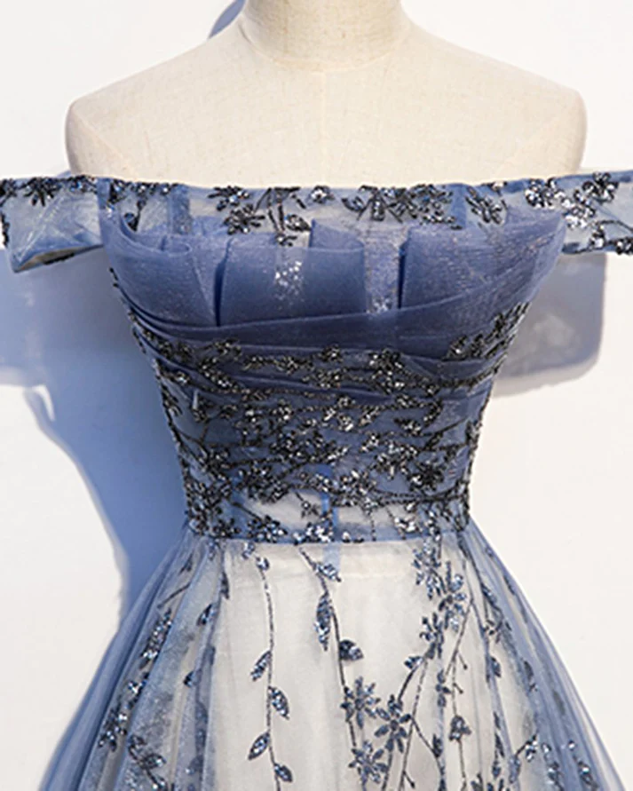 Charming A Line Off The Shoulder Blue Sequin Long Prom Dress