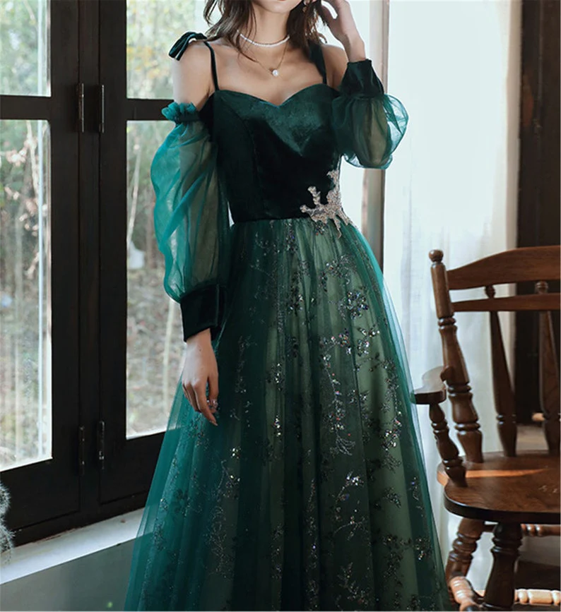 Simple A line Straps Long Sleeves Green Sequin Prom Dress
