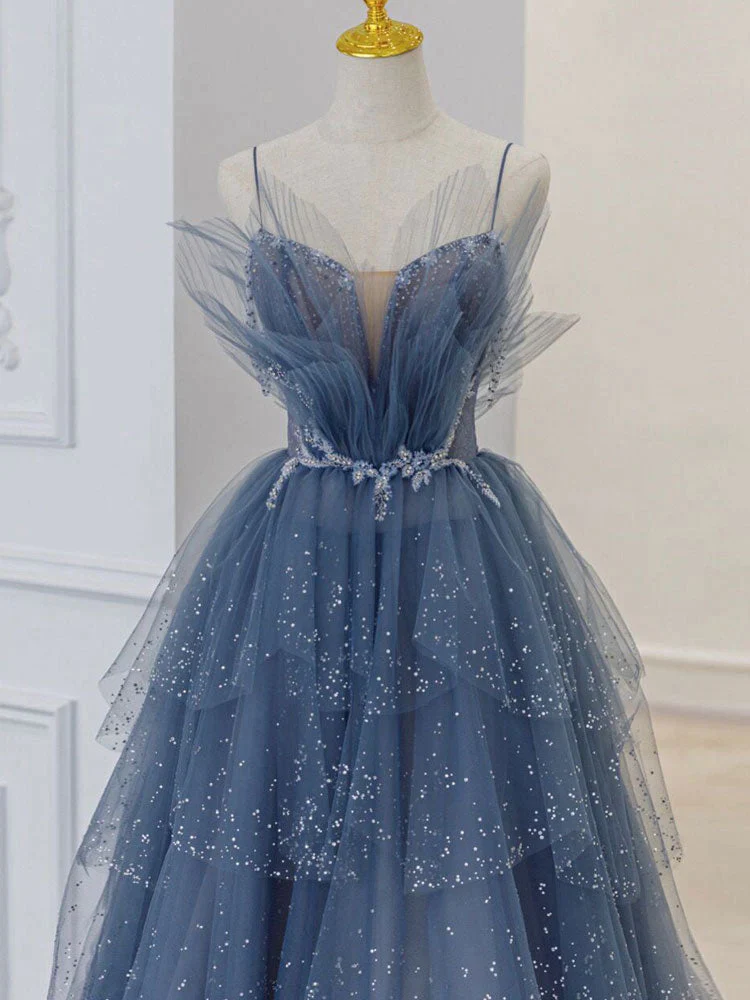 Vintage A line Straps Tulle Dusty Blue Long Prom Dress