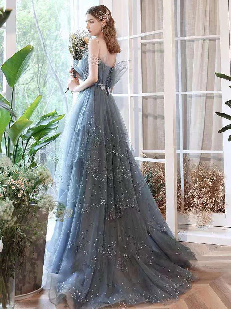 Vintage A line Straps Tulle Dusty Blue Long Prom Dress