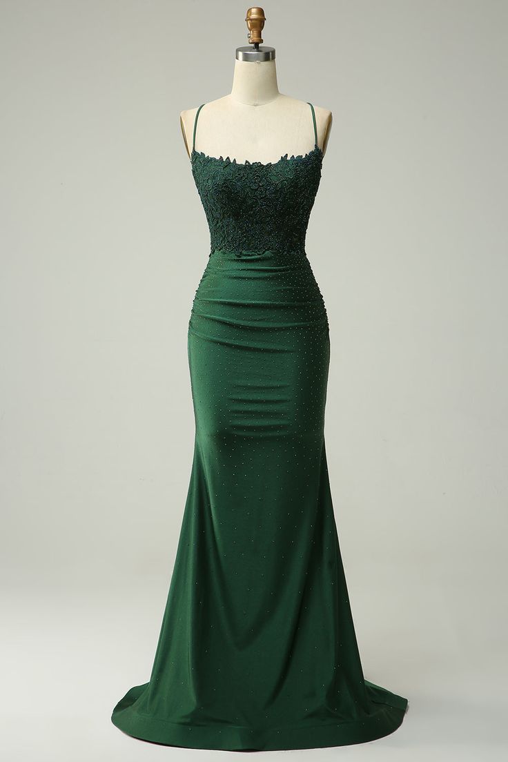 Sexy Mermaid Straps Dark Green Long Lace Prom Dress