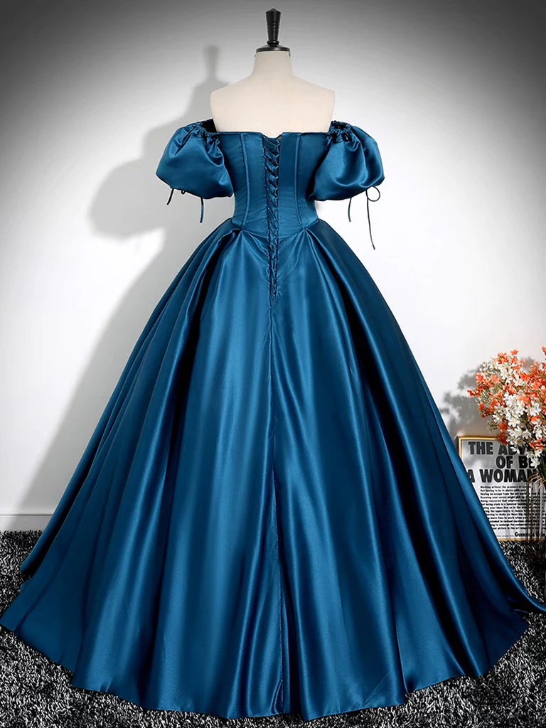 Simple A-Line Puff Sleeves Satin Peacock Blue Long Prom Dresss