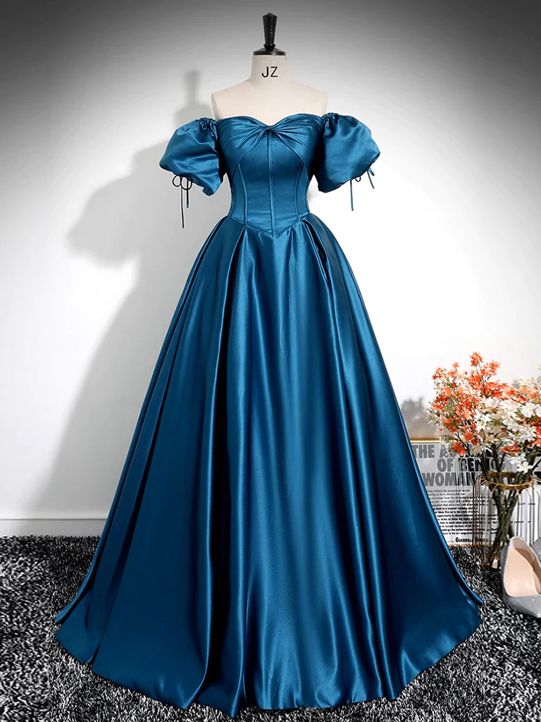 Simple A-Line Puff Sleeves Satin Peacock Blue Long Prom Dresss