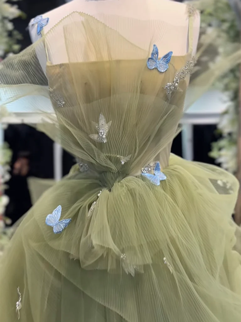 Simple A-Line Tulle Sage Green Long Prom Dress