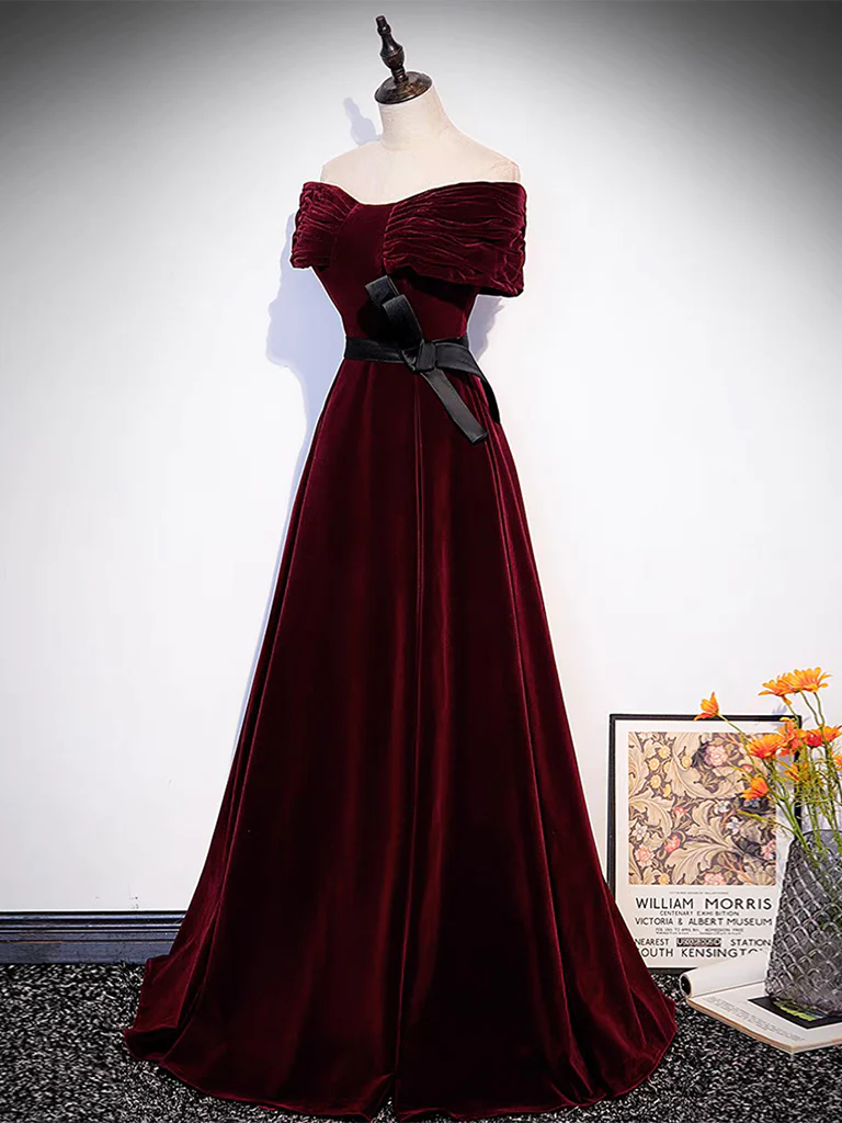 A-Line Off Shoulder Velvet Burgundy Long Prom Dress