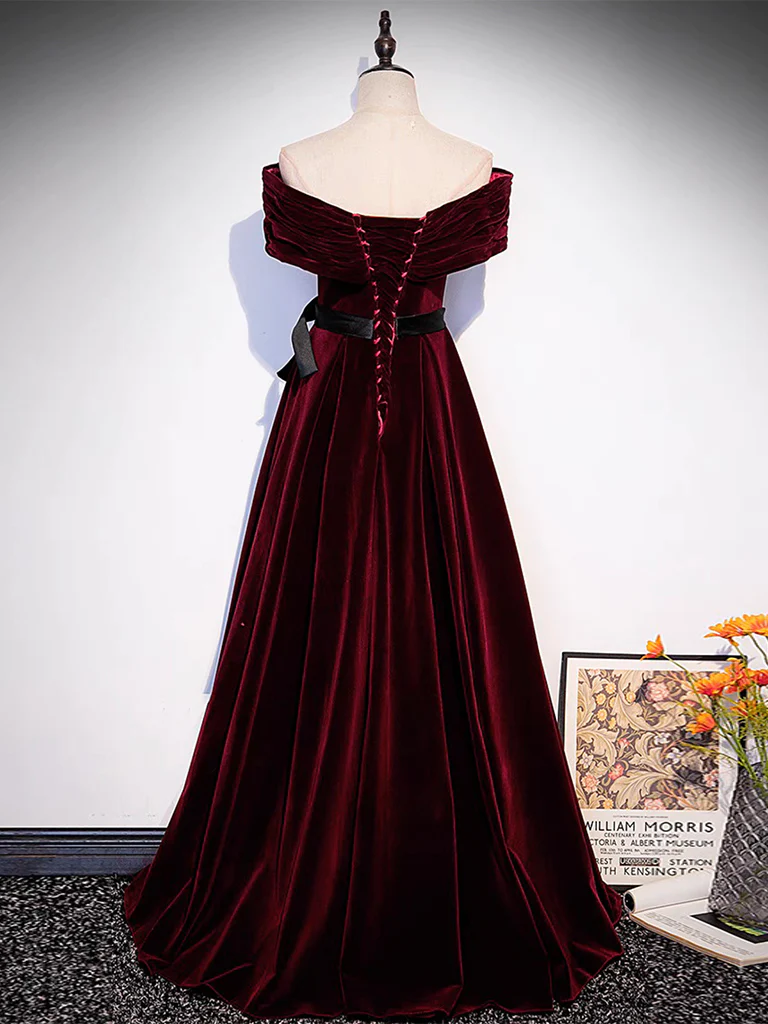 A-Line Off Shoulder Velvet Burgundy Long Prom Dress