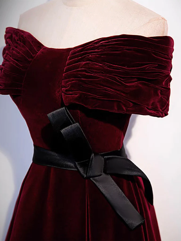 A-Line Off Shoulder Velvet Burgundy Long Prom Dress