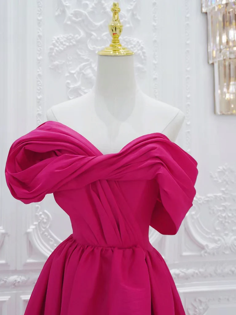 Simple A-Line Off Shoulder Satin Rose Red Long Prom Dress