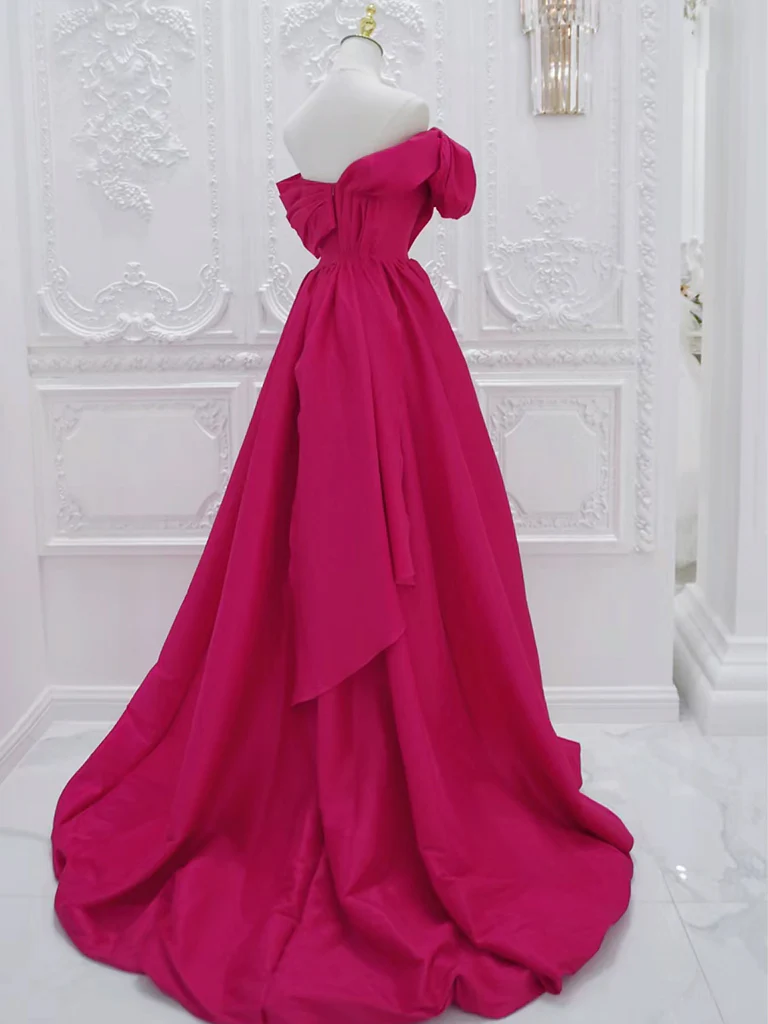 Simple A-Line Off Shoulder Satin Rose Red Long Prom Dress