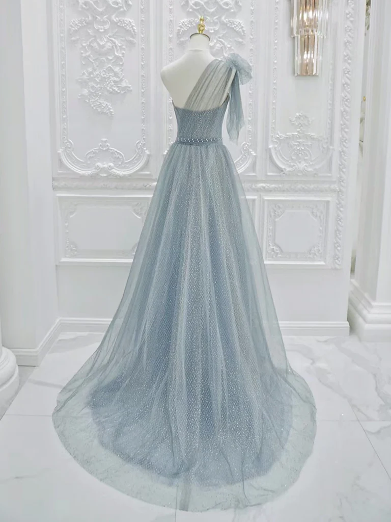 A-Line One Shoulder Tulle Sequin Gray Blue Long Prom Dress